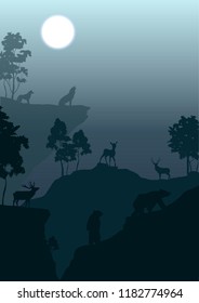 vector illustration of night in the mountains forest and animals. wolfs howling on full moon,  deers, elk and bears 