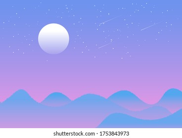 Ilustración del vector: Montañas nocturnas paisajes de luna llena con luz de luna y estrella fugaz,EPS10