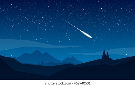 Vector illustration: Night mountains landscape with stars and meteor. 