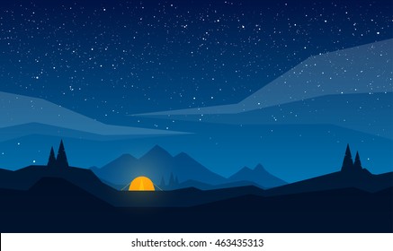 Vector illustration: Night mountains landscape with tent camp, geometric clouds and star sky.