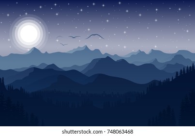 Vector illustration of Night Mountains landscape with stars on the sky