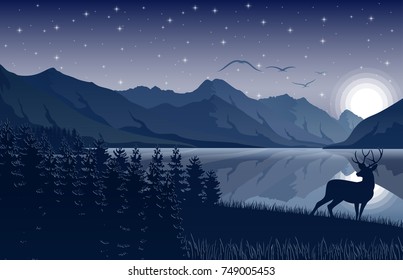 Vector illustration of Night Mountains landscape with deer near a lake and stars on the sky