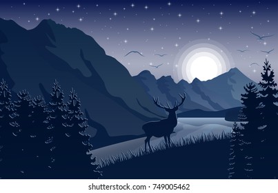 Vector illustration of Night Mountains landscape with deer near a lake and stars on the sky