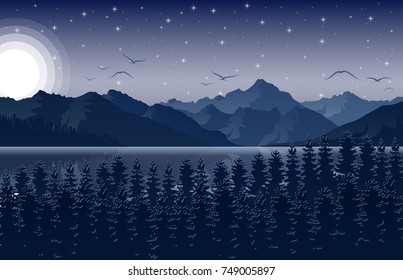 Vector illustration of Night mountains landscape with forest and river on starry sky