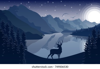 Vector illustration of Night Mountains landscape with deer and stars on the sky