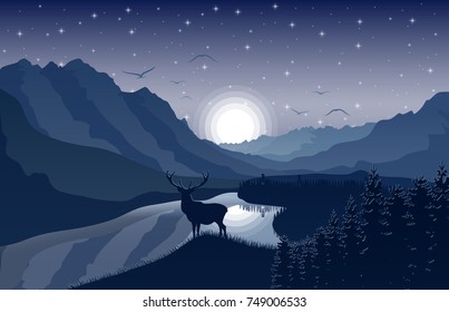 Vector illustration of Night Mountains landscape with deer near a lake and stars on the sky