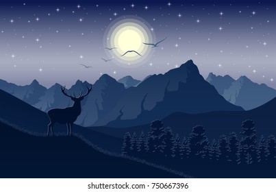 Vector illustration of Night mountains landscape with deer on the hills and stars on the sky