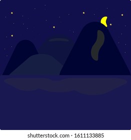 Vector illustration of night in the mountains, the mountains under the star sky, the midnight and the new moon