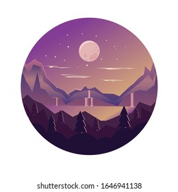 vector illustration of night mountains and waterfall landscape, nature, full moon and stars, purple sky