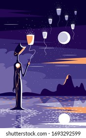 Vector illustration of night nature landscape with full moon and starry sky. An alien releases luminous lanterns into the sky. The reflection of the moon in the river in purple and orange colors.