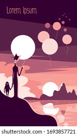 Vector illustration of night nature landscape with full moon and starry sky. An alien releases luminous lanterns into the sky. The reflection of the moon in the river in purple and orange colors.
