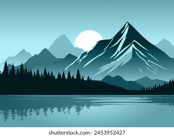 Vector illustration, night nature view of mountains and sea.