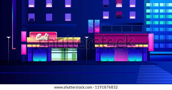 vector illustration, night neon\
city, street with luminous signs and a cafe with shop\
windows