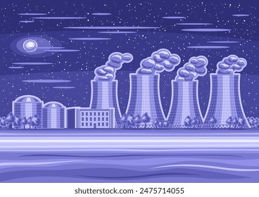 Vector illustration of Night Nuclear Plant, horizontal poster with cartoon design nuclear station on purple cloudy sky background, modern nuclear energy city with futuristic contemporary buildings