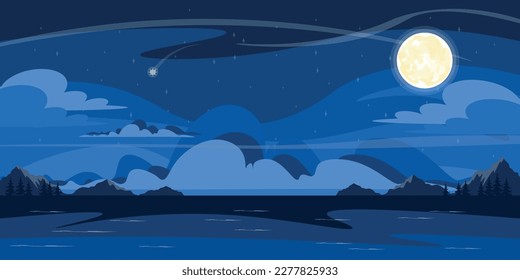 Vector illustration night on the river in cartoon style. Night landscape of the starry sky in blue tones. The full moon illuminates the area and a shooting star against the backdrop of the river.