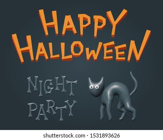 Vector illustration for night party with black spooky cat and greeting Happy Halloween text. Celebration poster with isolated toy kitty character for autumn event party. Plastic model of scary cat.