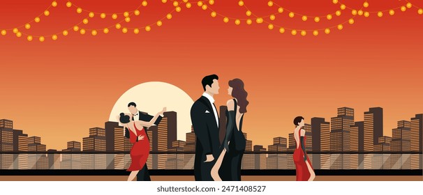 Vector illustration. Night party in the style of Gatsby. NY. Design for banner, postcard, cover, packaging, background. Retro party. Night city.