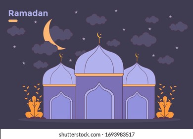 ilustración vectorial noche ramadan kareem mubarak con construcción de mezquita. celebración de la fiesta musulmana. feliz día de Ramadán conseguir carteles de carteles de la web ui página de inicio blog sobre el sobre. 