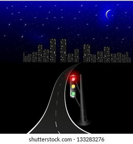 Vector illustration of night road to the city with traffic lights