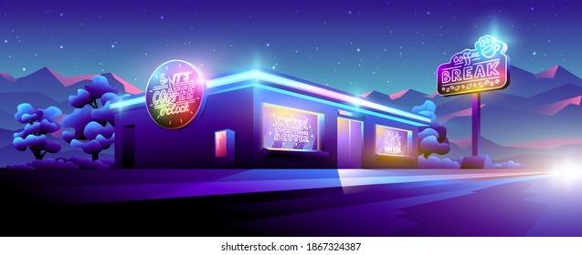 Vector illustration of night roadside cafe with neon signs and decorated showcase with coffee lettering.