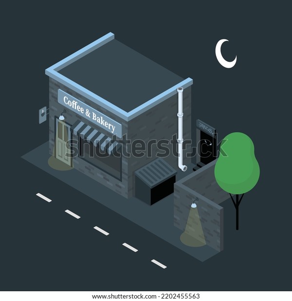 Vector illustration of night roadside coffee with\
neon signs and decorated showcase with coffee lettering. Night\
roadside motel with parking, oil station, burger and coffee bar and\
car service glowing