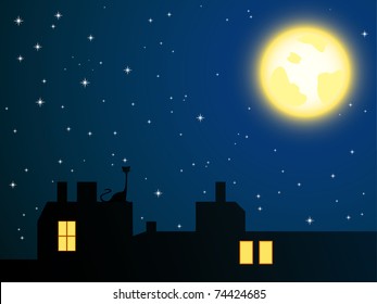 Vector illustration of night roofs and lonely cat looking at full moon