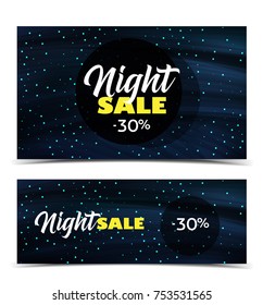 Vector illustration night sale dark banner. Abstract stage with clouds and stars