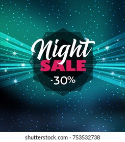 Vector illustration night sale dark banner. Abstract stage with clouds and stars
