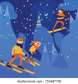 Vector illustration with night scene of christmas night and skiing family. Happy activity on snow hills