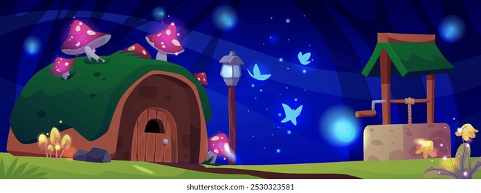 Ilustração vetorial da cena noturna com a casa de fantasia de conto de fadas coberta com musgo e agarics de mosca. Casa elfo com paisagem de fantasia, partículas cintilantes e traças. Vila dos contos de fadas.