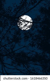 Vector illustration of a night scene, looking at a full moon in the dark blue sky through black branches and leaves.