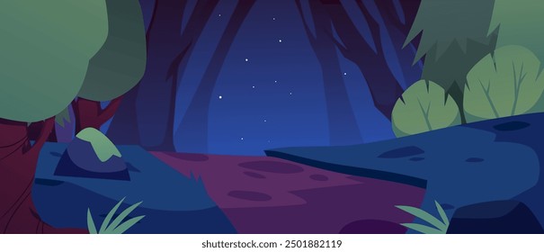 Vector illustration of a night scene of a magical forest with tall trees, a road and a starry sky. Fantasy landscape in flat cartoon style. Ideal for gaming interface.