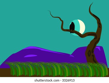 Vector illustration of night scene with moon, blackbird, old tree, purple hills and field.