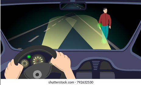 Vector illustration of night scene on the road with man walking on the side with illuminated strip on hand and leg. View from interior of a car.