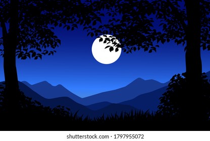 Vector illustration of night scene with tree silhouette