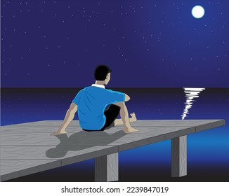 vector illustration of a night scene where a man is sitting by the beach on a wooden plank looking at the starry sky and the moon