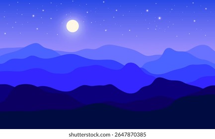 vector illustration of night scenery with moon, stars, and layered blue hills in soft tones.