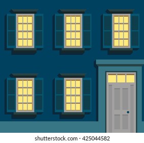 Vector illustration. Night seamless building facade pattern wallpaper texture background. Cartoon and flat style.