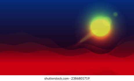 Vector Illustration Night Sky Background Dark Blue Black gradient Red Clouds shine Yellow Sun Moon