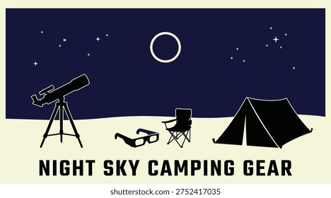 Vector illustration of night sky camping gear featuring a telescope on a tripod, camping tent, folding chair, and glasses under a starry moonlit sky suitable for astronomy club logos and outdoor adventure branding.