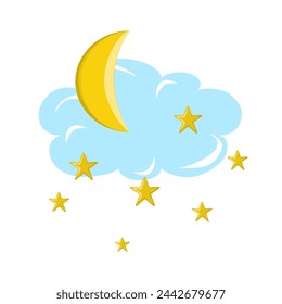Ilustración vectorial de cielo nocturno con nubes, luna y estrellas. Símbolos nocturnos en una ilustración simple