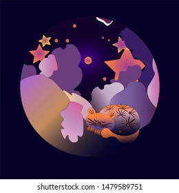 Vector illustration. Night sky with clouds  stars and cat. style flat. 