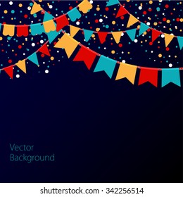 Vector illustration of night sky with colorful flags garlands. Holiday background with place for text.