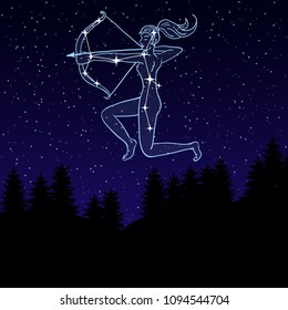 vector illustration of a night sky with the constellation of Sagittarius. Zodiac sign. Woman or girl with bow and arrow among the star. Night landscape with starry sky and silhouettes of spruce trees.