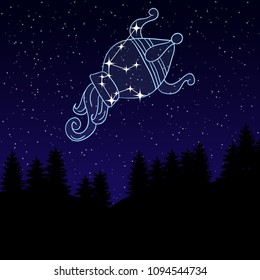 vector illustration of a night sky with the constellation of Aquarius. Zodiac sign. Water pouring from a jug among the star. Night landscape with starry sky and silhouettes of spruce trees.