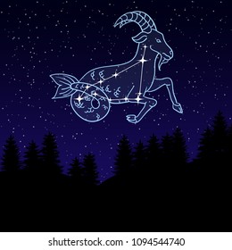 vector illustration of a night sky with the constellation of Capricorn. Zodiac sign. goat with fish tail among the star. Night landscape with starry sky and silhouettes of spruce trees.