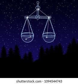 vector illustration of a night sky with the constellation of Libra. Zodiac sign. Scales among the star. Night landscape with starry sky and silhouettes of spruce trees.
