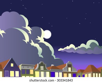 Vector illustration of the night sky in an european city, with moon, stars, clouds and  the roofs of the houses in the background. Empty space leaves room for design elements or text.Postcard.Poster.