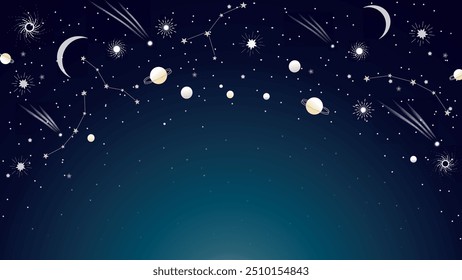 Vector illustration of a night sky filled with stars, planets, and constellations. Perfect for use in astronomy-themed designs, space backgrounds, or educational materials.