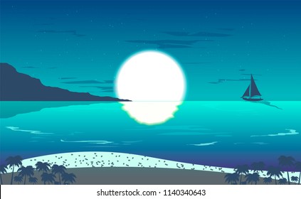 vector illustration of night sky and full moon over tropical beach and boat in the ocean